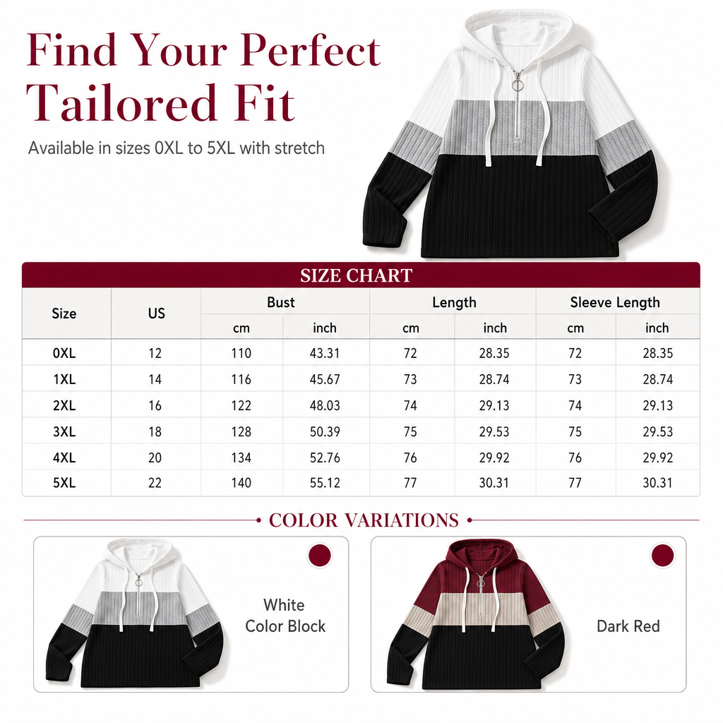 Women Plus Size Color Block Half Zip Drawstring Hooded Sweatshirt