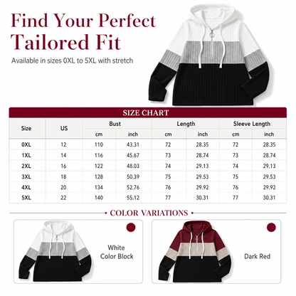 Women Plus Size Color Block Half Zip Drawstring Hooded Sweatshirt