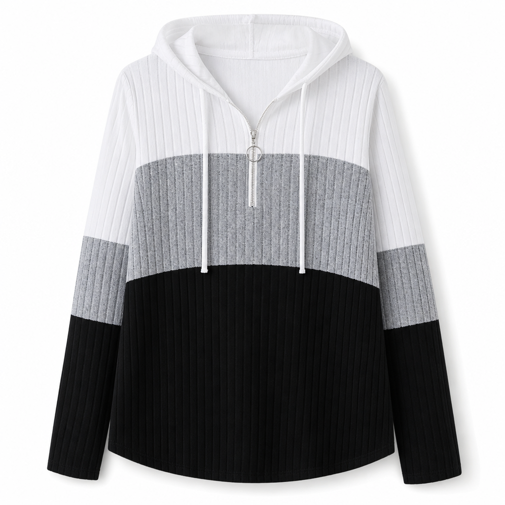 Women Plus Size Color Block Half Zip Drawstring Hooded Sweatshirt