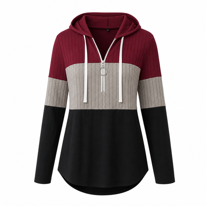 Women Plus Size Color Block Half Zip Drawstring Hooded Sweatshirt