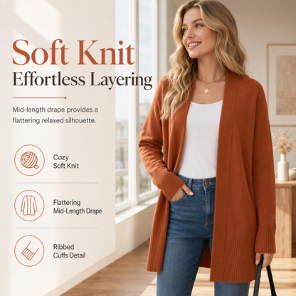 Women's Mid-Length Open Front Knit Cardigan Sweater with Ribbed Cuffs