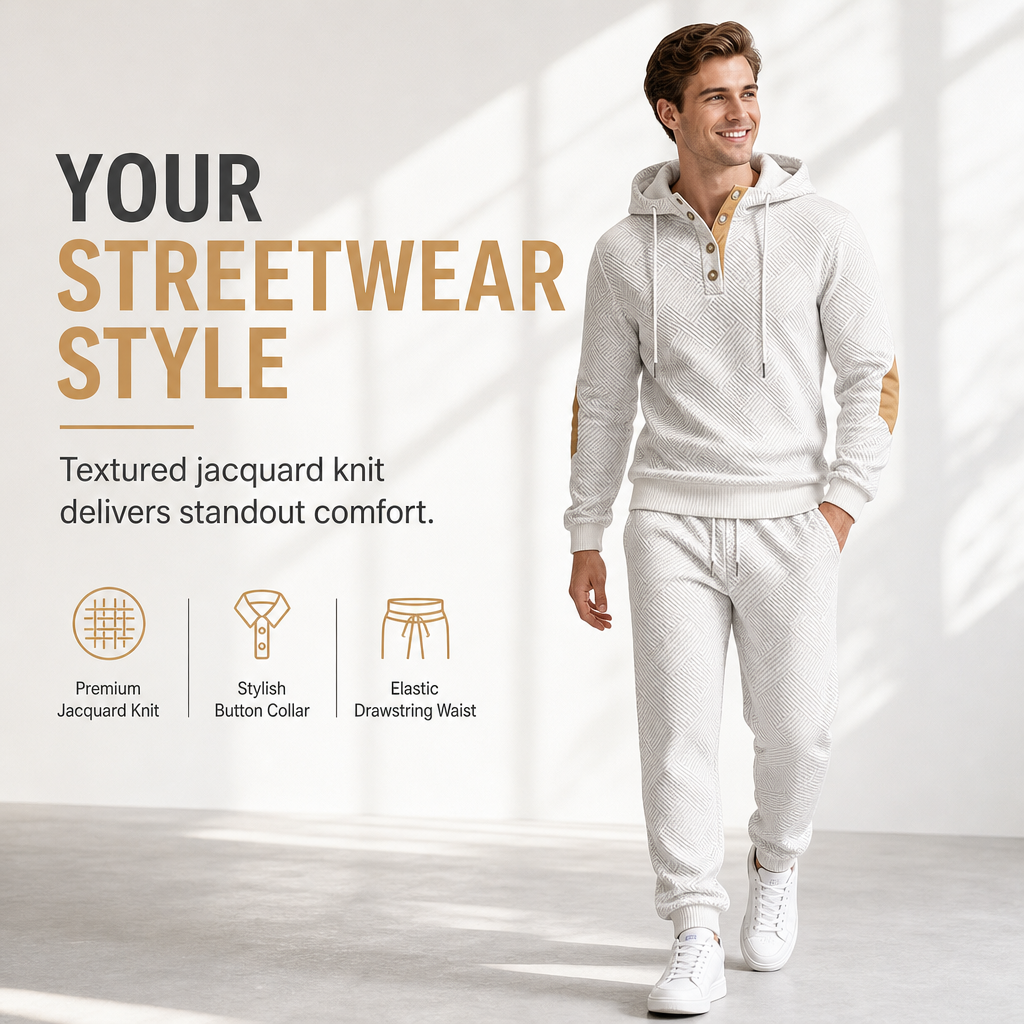 Men's 2 Piece Jacquard Hoodie Set Autumn Winter Casual Hooded Sweatshirt and Sweatpants Tracksuit