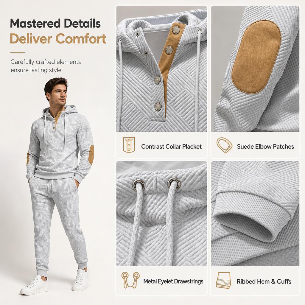 Men's 2 Piece Jacquard Hoodie Set Autumn Winter Casual Hooded Sweatshirt and Sweatpants Tracksuit