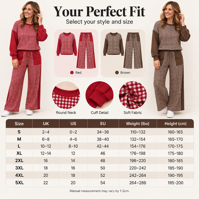 Women's Gingham Long Sleeve Top & Wide-Leg Pants Set
