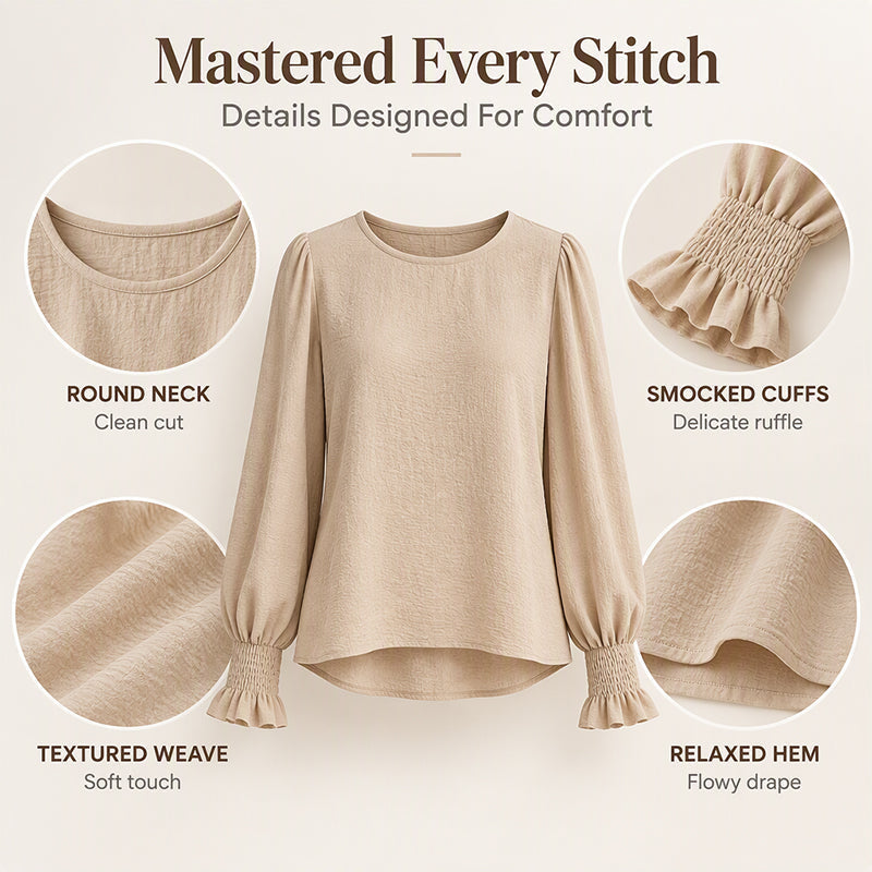Women's Elegant Crewneck Smocked Cuff Top