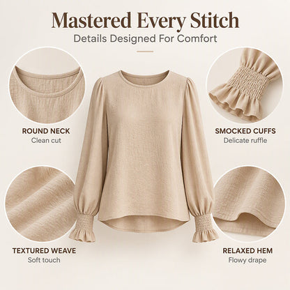 Women's Elegant Crewneck Smocked Cuff Top