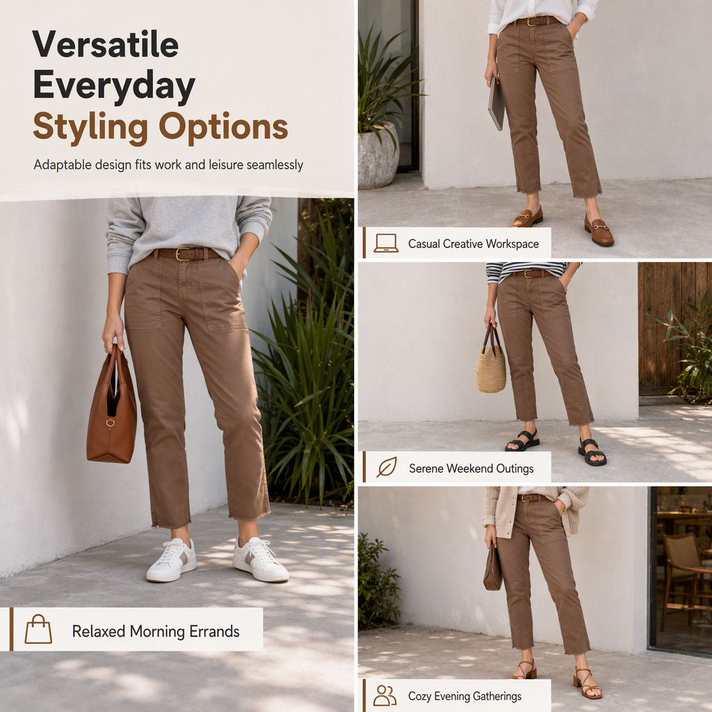 Women's Casual Utility Cropped Pants with Raw Frayed Hem and Deep Patch Pockets