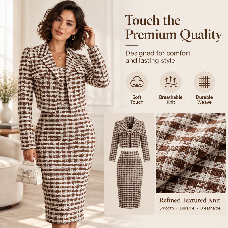 🎀 Elegant Cropped Jacket & Slim Dress Set – Feminine Fit & Versatile Styling