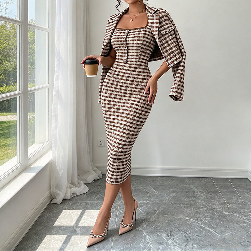 🎀 Elegant Cropped Jacket & Slim Dress Set – Feminine Fit & Versatile Styling