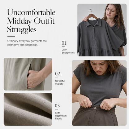 🖤Black Friday Sale:50% OFF🖤 😎 Elegant Women Cotton Linen Solid Color Shirt Dress with Turn Down Collar Elastic Waist