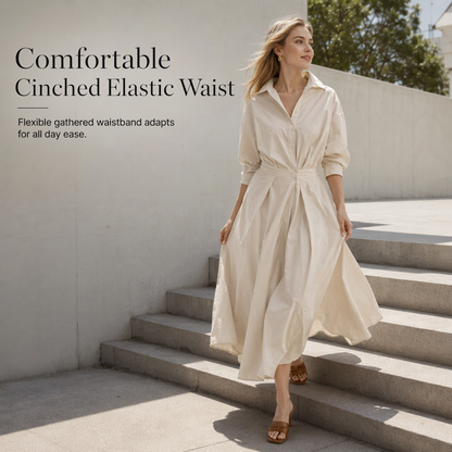 🖤Black Friday Sale:50% OFF🖤 😎 Elegant Women Cotton Linen Solid Color Shirt Dress with Turn Down Collar Elastic Waist