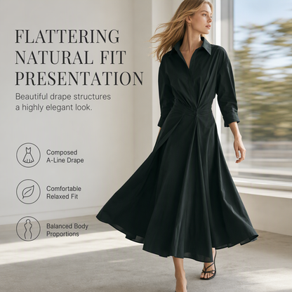 🖤Black Friday Sale:50% OFF🖤 😎 Elegant Women Cotton Linen Solid Color Shirt Dress with Turn Down Collar Elastic Waist