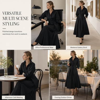 🖤Black Friday Sale:50% OFF🖤 😎 Elegant Women Cotton Linen Solid Color Shirt Dress with Turn Down Collar Elastic Waist