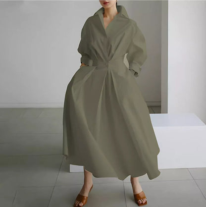 🖤Black Friday Sale:50% OFF🖤 😎 Elegant Women Cotton Linen Solid Color Shirt Dress with Turn Down Collar Elastic Waist