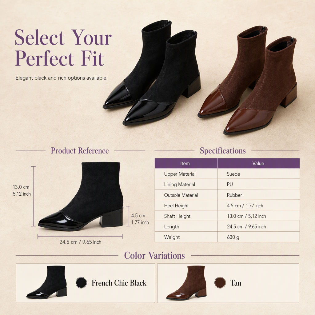 Women's French Style Pointed Toe Ankle Boots Slim Fit Elegant Short Boots for Spring and Autumn