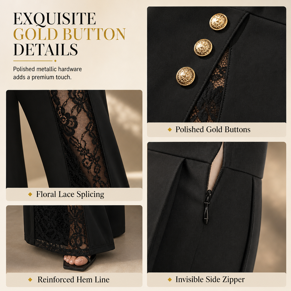 Women's High Waisted Lace Spliced Wide Leg Trousers with Decorative Gold Buttons