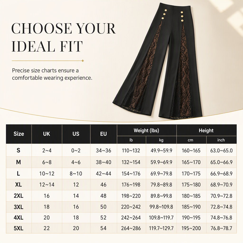 Women's High Waisted Lace Spliced Wide Leg Trousers with Decorative Gold Buttons