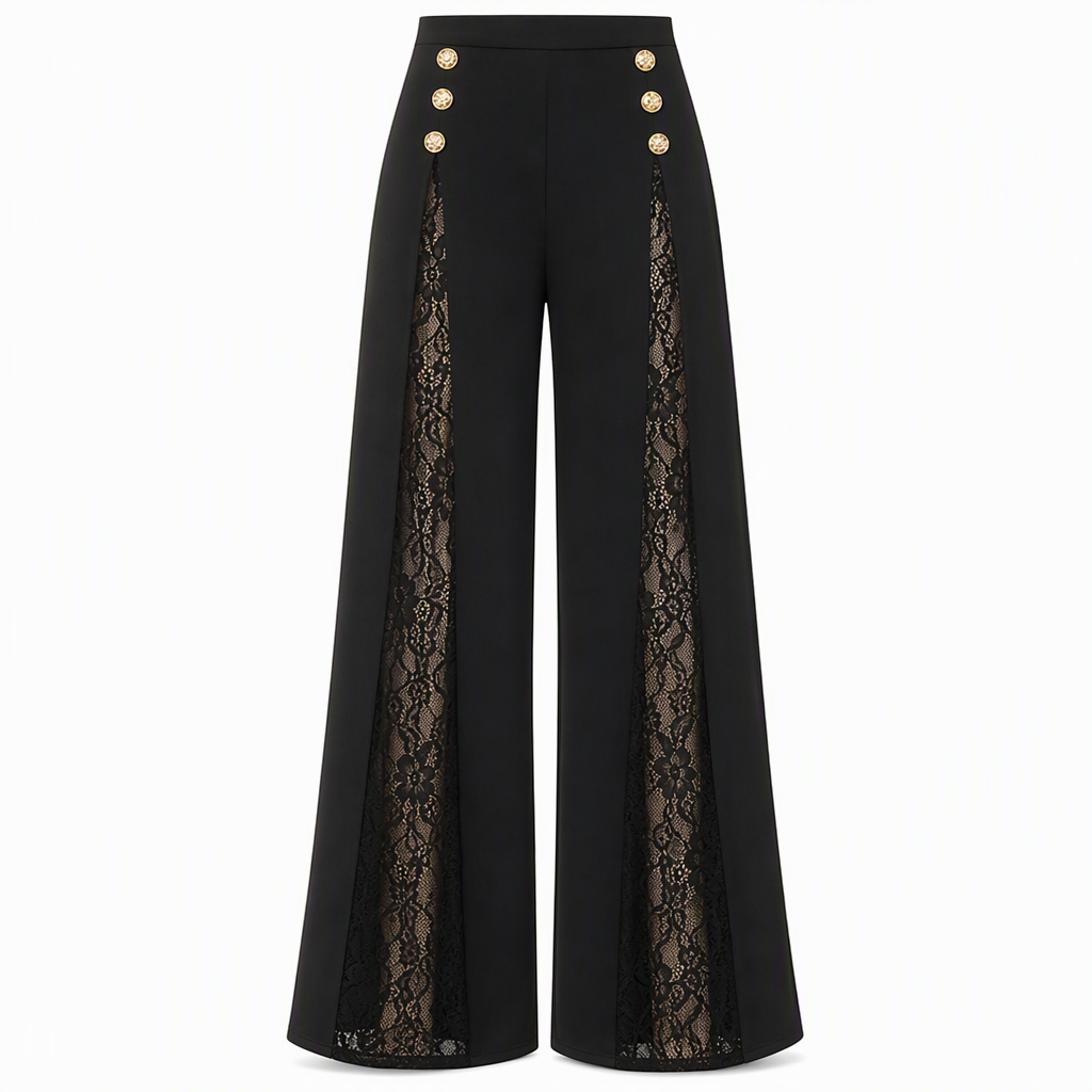 Women's High Waisted Lace Spliced Wide Leg Trousers with Decorative Gold Buttons