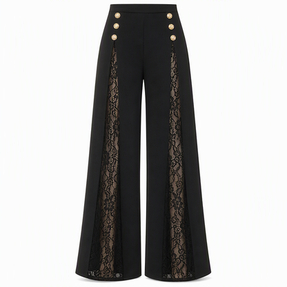 Women's High Waisted Lace Spliced Wide Leg Trousers with Decorative Gold Buttons