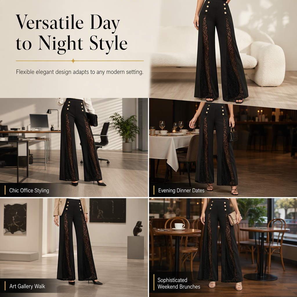 Women's High Waisted Lace Spliced Wide Leg Trousers with Decorative Gold Buttons