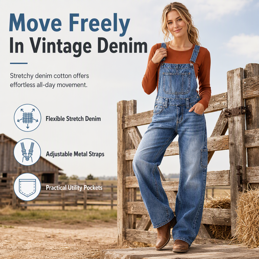 👖 Women's Stretchy Denim Overalls ✨ – Wide Leg Jumpsuit with Adjustable Straps | Free Shipping 🚚