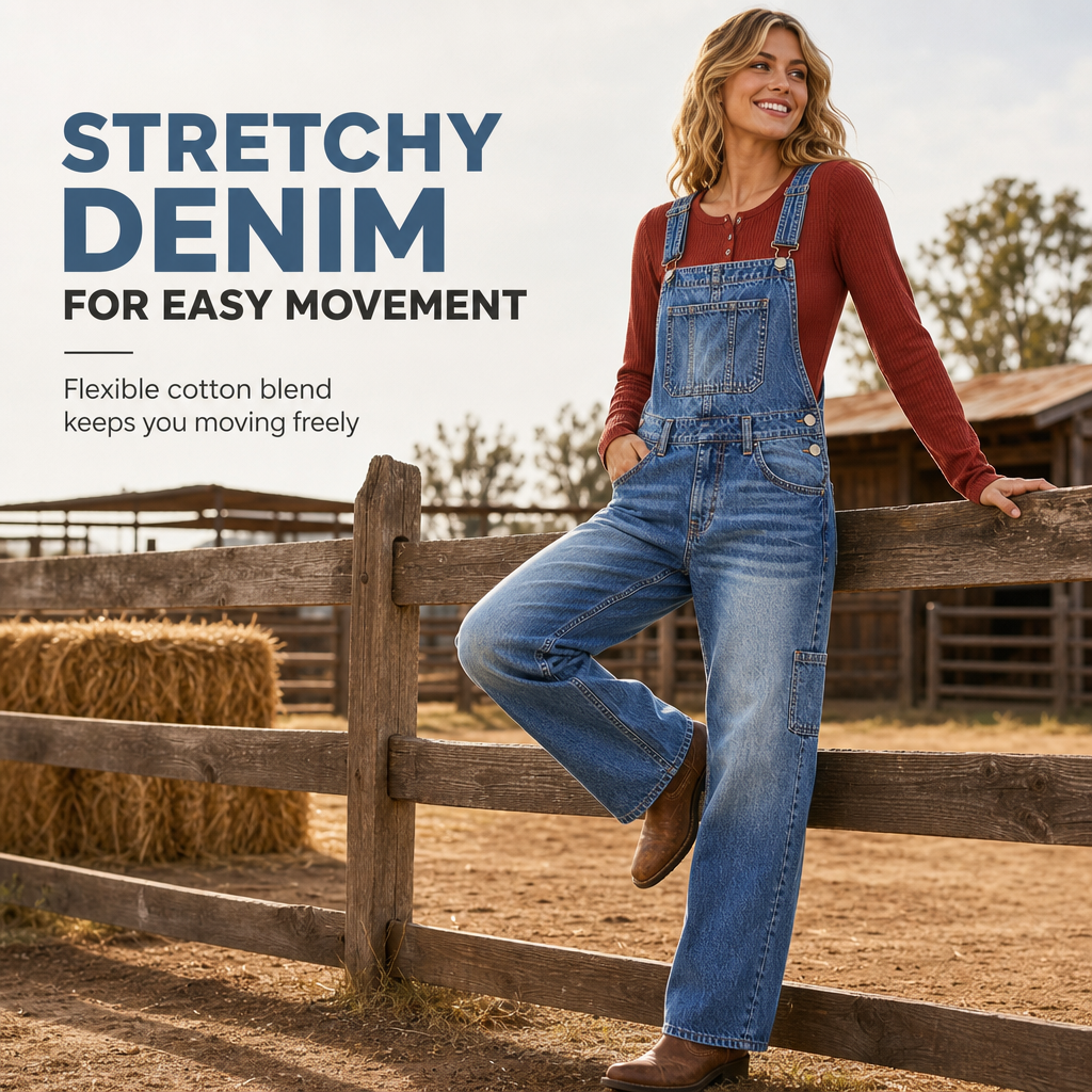 👖 Women's Stretchy Denim Overalls ✨ – Wide Leg Jumpsuit with Adjustable Straps | Free Shipping 🚚