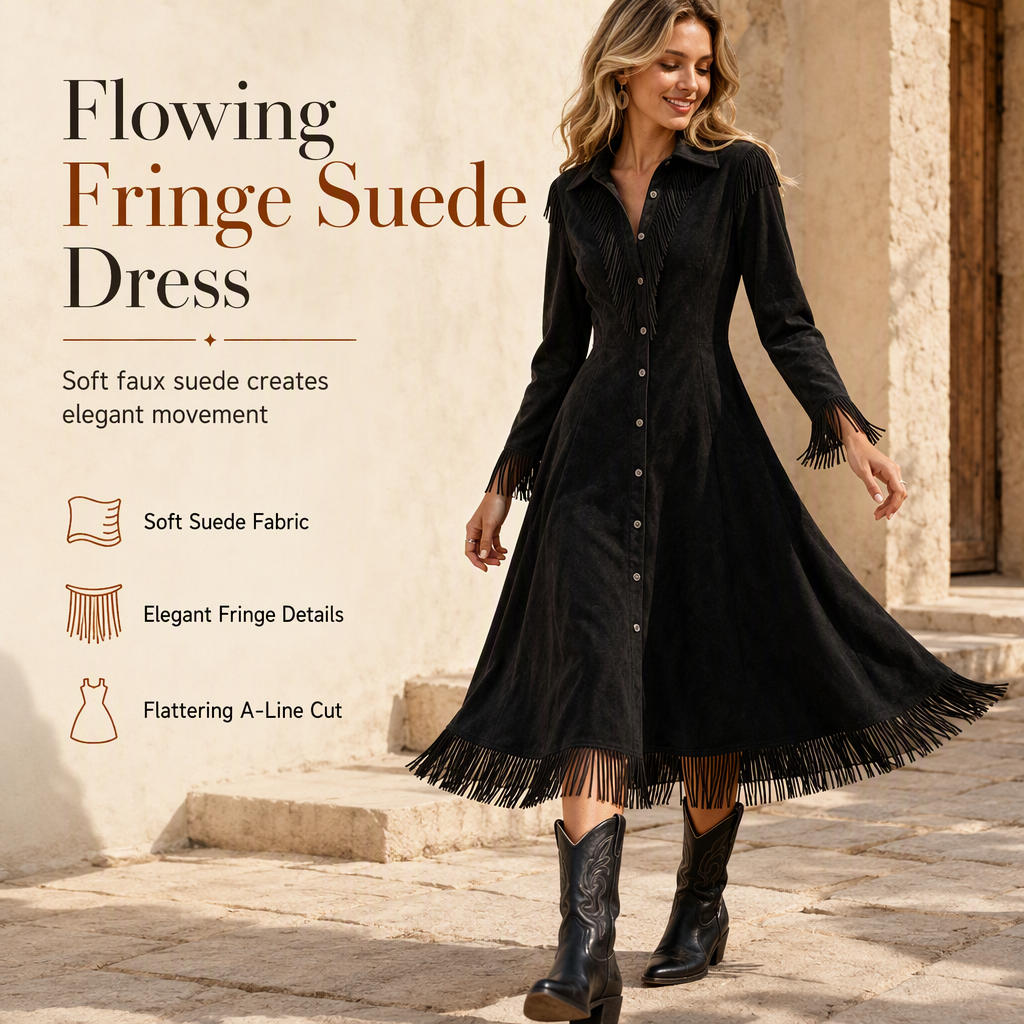Women's Vintage Long Sleeve Fringe Dress