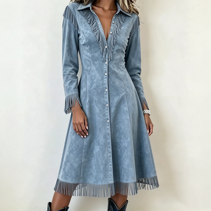 Women's Vintage Long Sleeve Fringe Dress