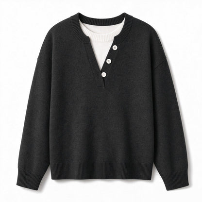 💖Black Friday Mega Deal – 50% off!💖 Casual Mock Two Piece V Neck Knit Sweater with Button Details