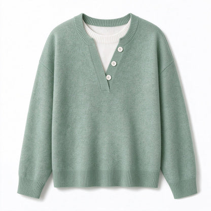 💖Black Friday Mega Deal – 50% off!💖 Casual Mock Two Piece V Neck Knit Sweater with Button Details