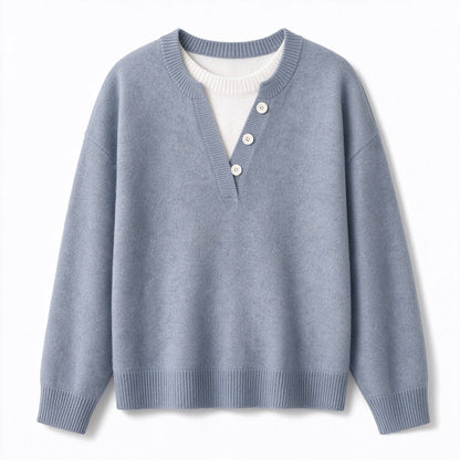 💖Black Friday Mega Deal – 50% off!💖 Casual Mock Two Piece V Neck Knit Sweater with Button Details