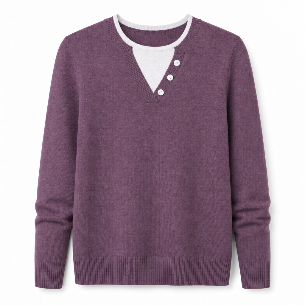 💖Black Friday Mega Deal – 50% off!💖 Casual Mock Two Piece V Neck Knit Sweater with Button Details