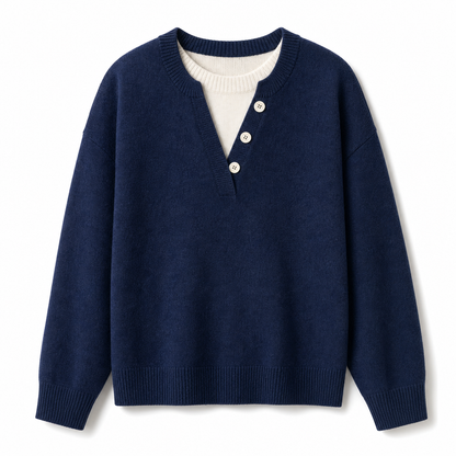 💖Black Friday Mega Deal – 50% off!💖 Casual Mock Two Piece V Neck Knit Sweater with Button Details
