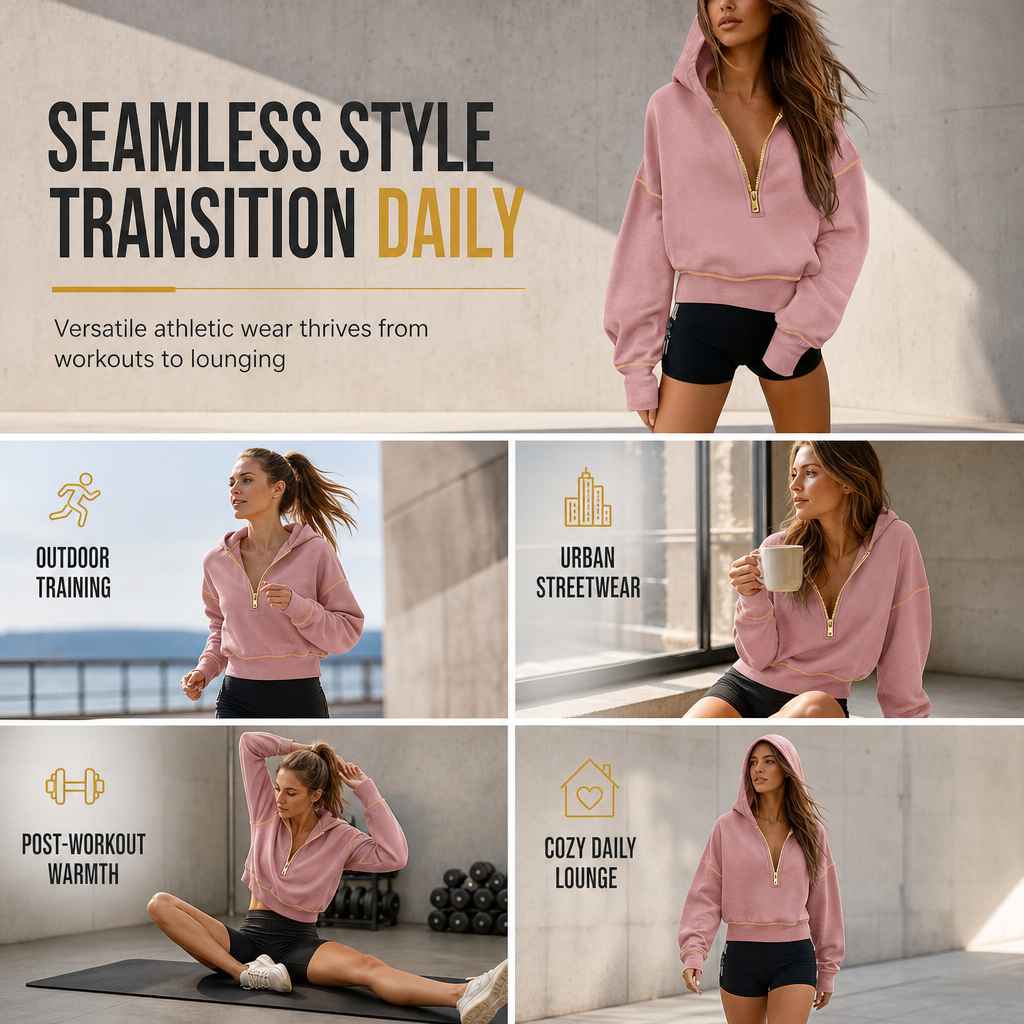 Womens Cropped Zip Up Hoodie with Contrast Trim Long Sleeve Loose Fit Solid Color Casual Sweatshirt for Autumn and Winter