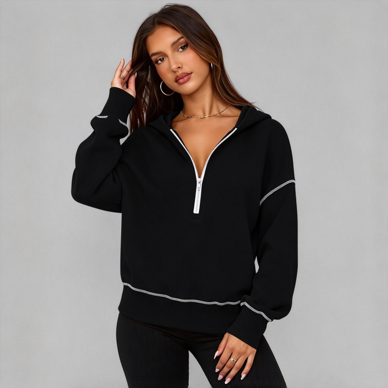 Womens Cropped Zip Up Hoodie with Contrast Trim Long Sleeve Loose Fit Solid Color Casual Sweatshirt for Autumn and Winter