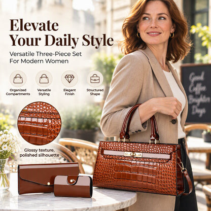 Women's Crocodile Pattern Handbag 3-Piece Set
