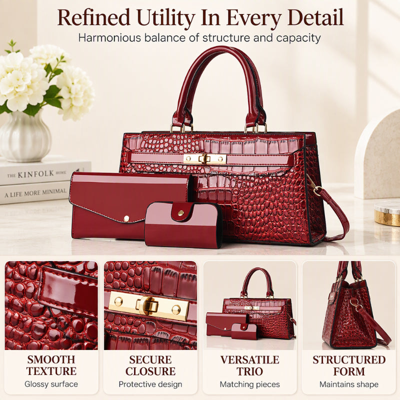 Women's Crocodile Pattern Handbag 3-Piece Set