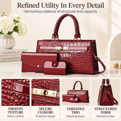Women's Crocodile Pattern Handbag 3-Piece Set