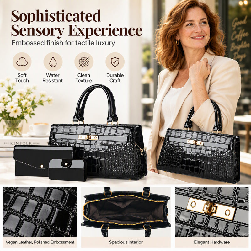 Women's Crocodile Pattern Handbag 3-Piece Set