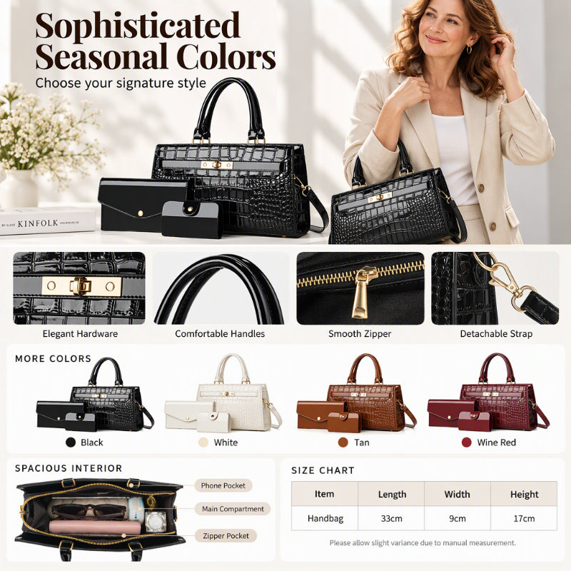 Women's Crocodile Pattern Handbag 3-Piece Set
