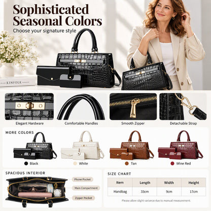 Women's Crocodile Pattern Handbag 3-Piece Set