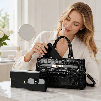 Women's Crocodile Pattern Handbag 3-Piece Set