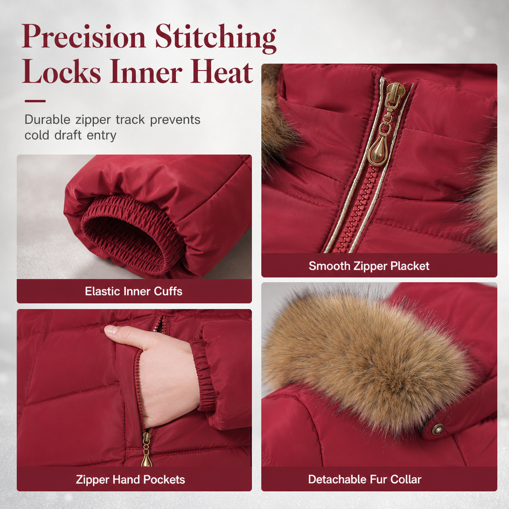 Women Mid-Length Slim Fit Winter Padded Coat with Large Fur Collar Outerwear