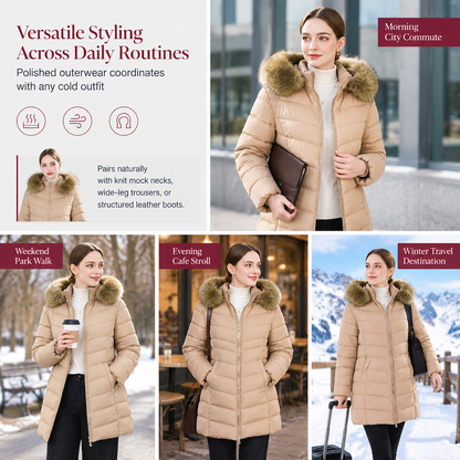 Women Mid-Length Slim Fit Winter Padded Coat with Large Fur Collar Outerwear