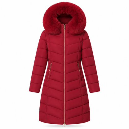 Women Mid-Length Slim Fit Winter Padded Coat with Large Fur Collar Outerwear