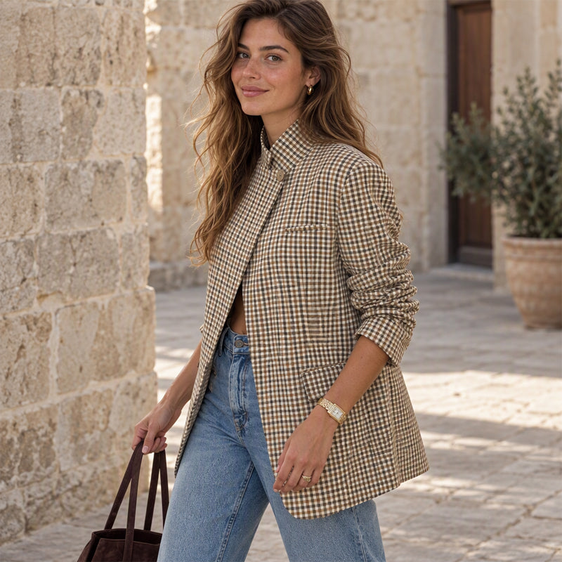 Women's Chic Brown Small Plaid Jacket🔥𝙁𝙧𝙚𝙚 𝙎𝙝𝙞𝙥𝙥𝙞𝙣𝙜