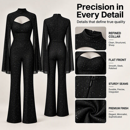 🖤 Women's Sparkly Glitter Cape Sleeve Jumpsuit✨
