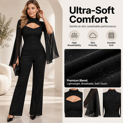 🖤 Women's Sparkly Glitter Cape Sleeve Jumpsuit✨