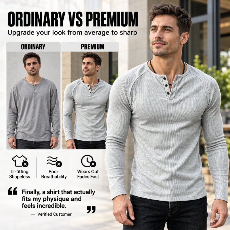 Men's Casual Slim Fit Ribbed Henley T-Shirt