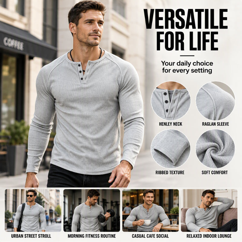 Men's Casual Slim Fit Ribbed Henley T-Shirt
